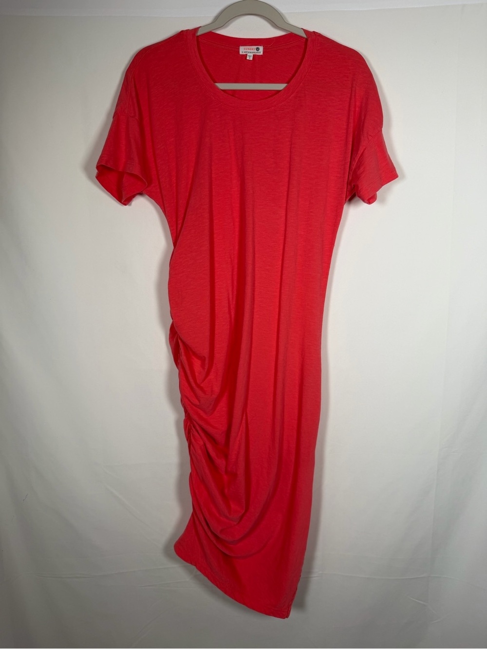 Sundry Anthropologie Bright Pink Coral Midi‎ T-Shirt Dress with Side Ruching
